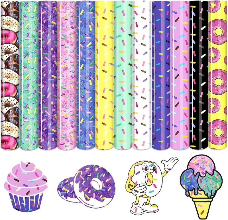 Tintnut Donut Sprinkle Heat Transfer Vinyl - 12 Sheets 10x12 Inch Sweet Bakes Iron on Vinyl Patterned Printed Frosting Birthday Party Decor HTV DIY Hats Clothes for Silhouette Cameo or Cricut - Image 1